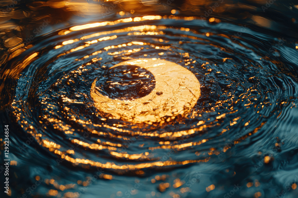 Poster golden crescent moon reflected in dark water, creating mesmerizing concentric ripples.