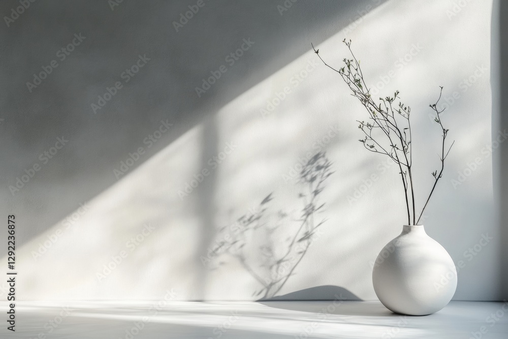 Aufkleber elegant vase with dried flowers casting shadows in a softly lit room at midday. generative ai