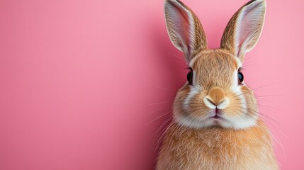 Obraz premium Photo of a little bunny, on a soft pink background Easter theme