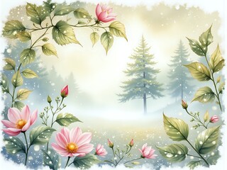 Obraz premium Tranquil floral landscape with misty forest background