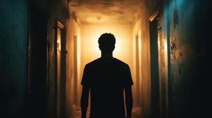 A silhouette of a man framed by the soft glow of a distant light, standing motionless in an atmospheric, dark room.