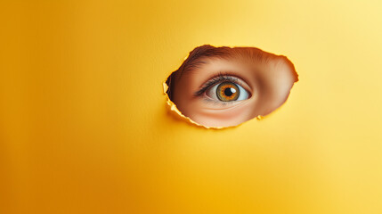Child's eyes peering through a hole in vibrant yellow color paper, with a smiled and excited expression