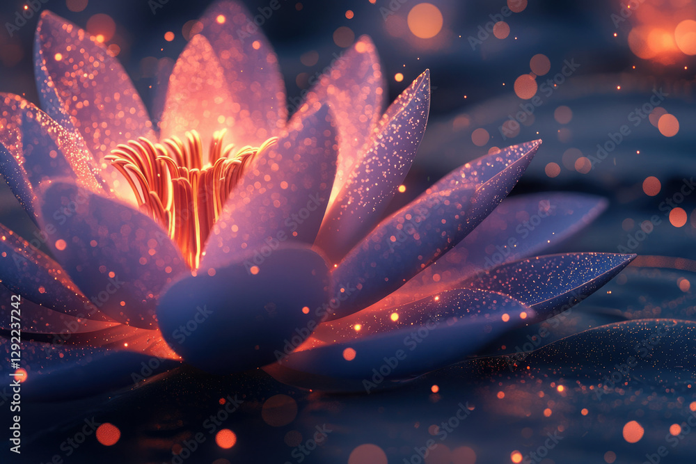 Poster glowing lotus flower with sparkling petals, illuminated from within, enchanting night scene.