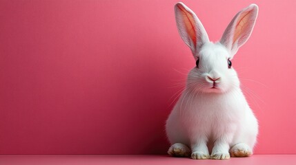 Obraz premium Photo of a little bunny, on a soft pink background Easter theme