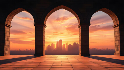 Sunset arches of an ancient mosque hallway