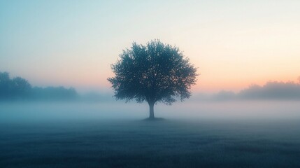 Obraz premium Solitary tree in misty sunrise field.