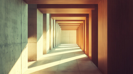 A contemporary architectural structure stretching along an inclined landscape, featuring an open, spacious design with warm wooden elements