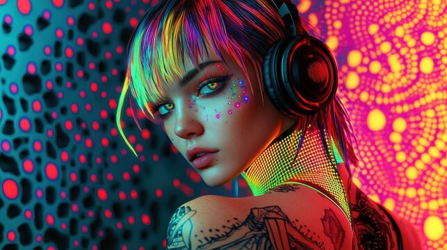 Vibrant youth embracing music and art in a dazzling neon atmosphere