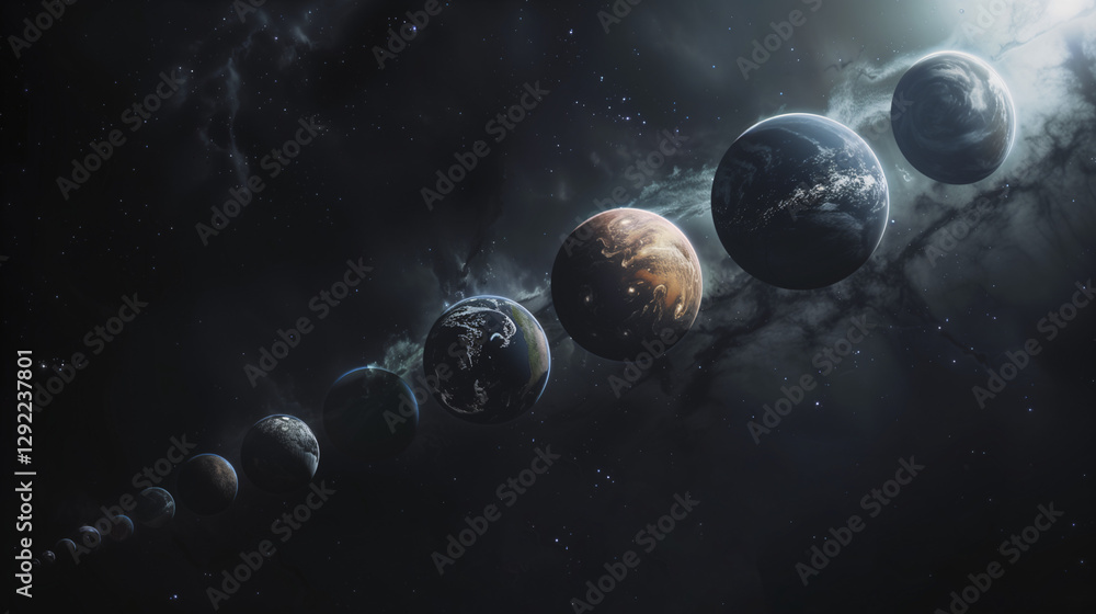 Poster planetary alignment: planets are lined up in the cosmic vastness of space, showcasing the splendor o