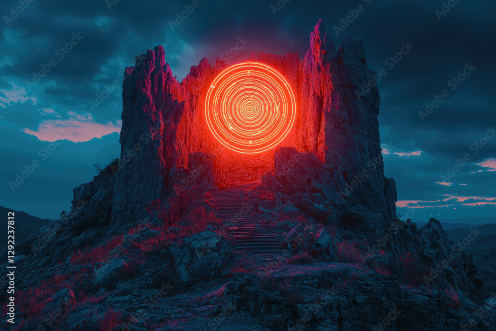 Poster a glowing red portal within a stone structure on a mountaintop, under a dramatic twilight sky.