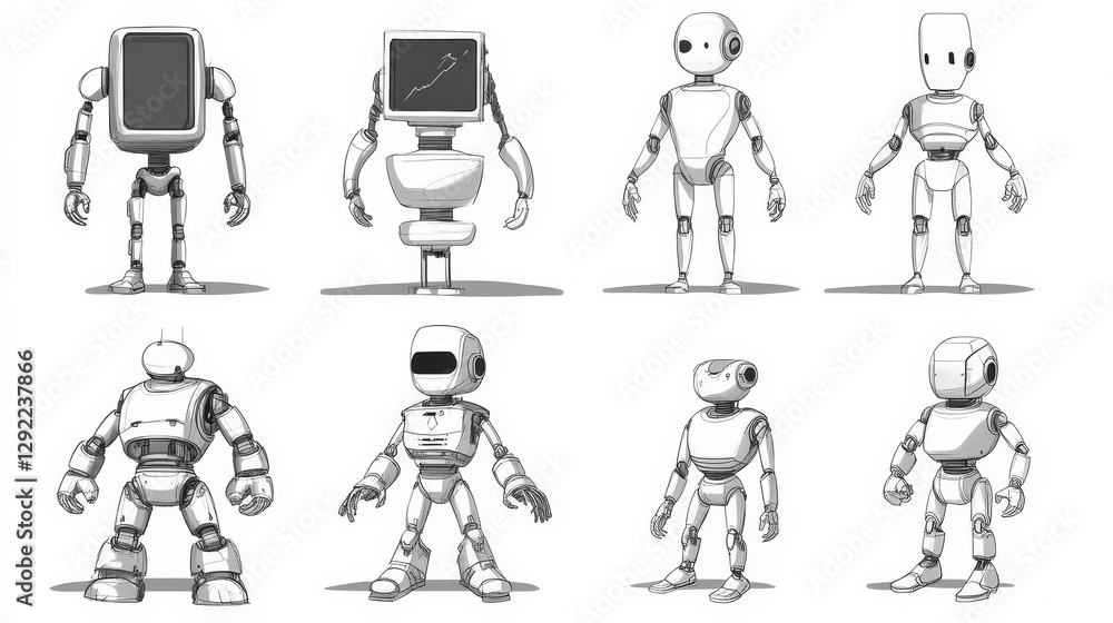 Poster cartoon set of robot evolution levels. vector illustration of futuristic ai characters with wheel, l