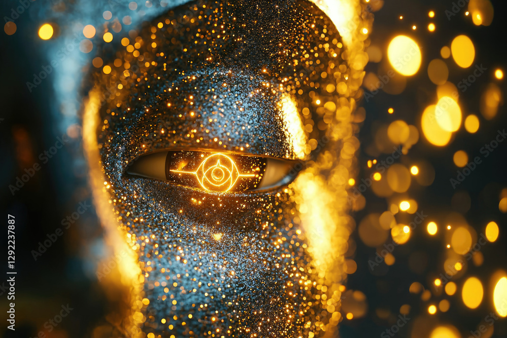Poster close-up of a glittering, golden robotic eye with an illuminated, symbolic iris, set against a bokeh