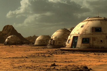 Martian Base: Futuristic domes on the arid landscape of Mars. A glimpse into the possibility of interplanetary colonization and human exploration.