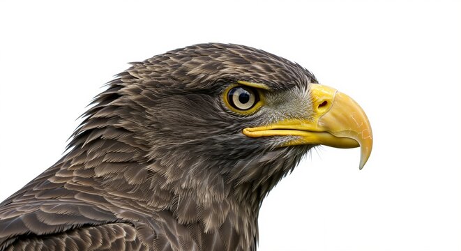 Eagle close-up showcasing sharp features and distinctive yellow beak conveying intensity and focus against a plain background