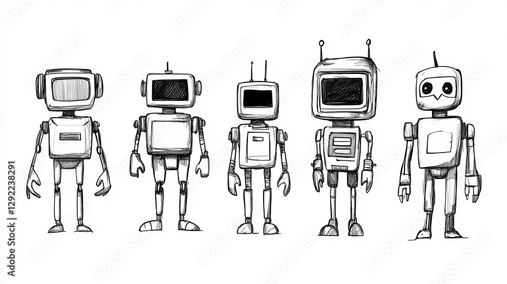 Poster cartoon set of robot evolution levels. vector illustration of futuristic ai characters with wheel, l