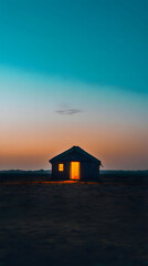 Lone House Sunset Glow: A Serene Desert Night