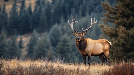 Majestic elk standing in a mountain meadow.