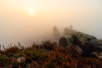 Sonnenaufgang im Nebel auf dem Gamrig in der Sächsischen Schweiz in Sachsen Deutschland