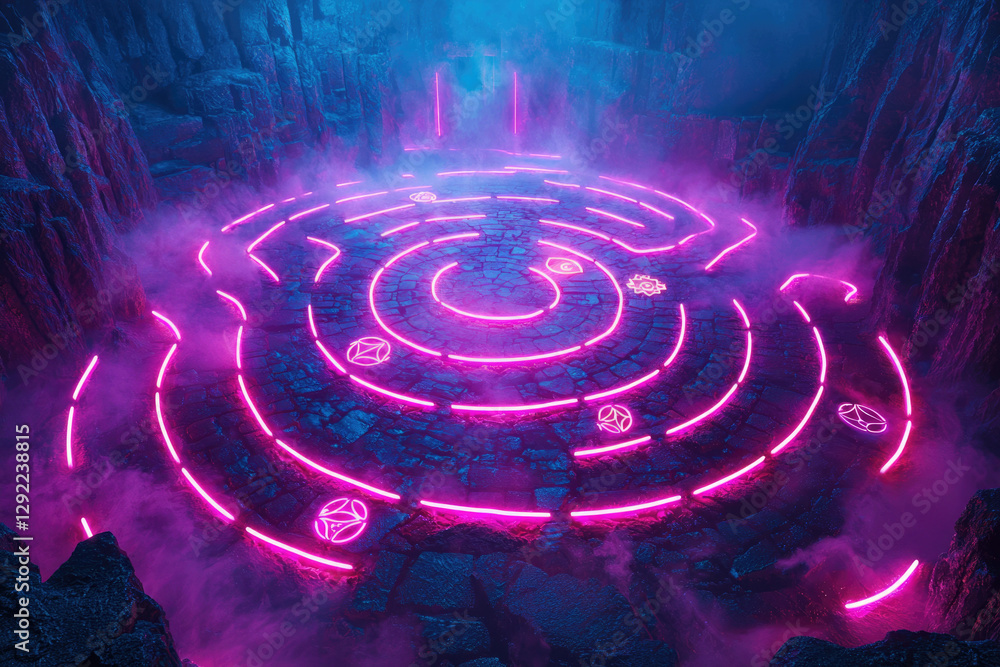 Poster a mystical stone pathway with neon pink circular patterns, creating a futuristic, otherworldly labyr