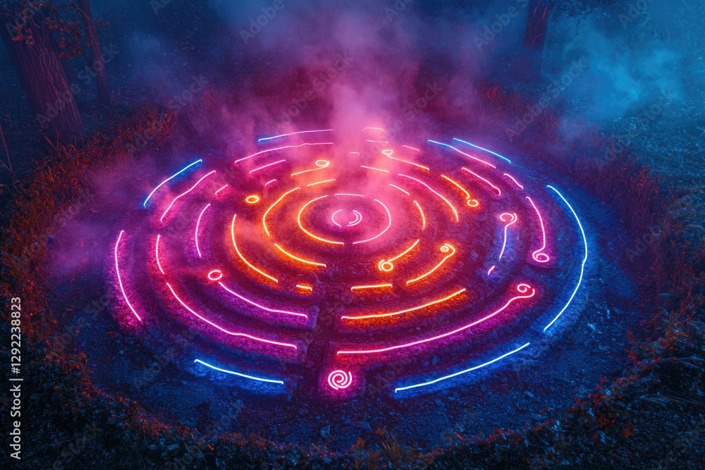 Poster a mesmerizing neon maze glows mysteriously in a dark forest, creating a surreal and enchanting scene