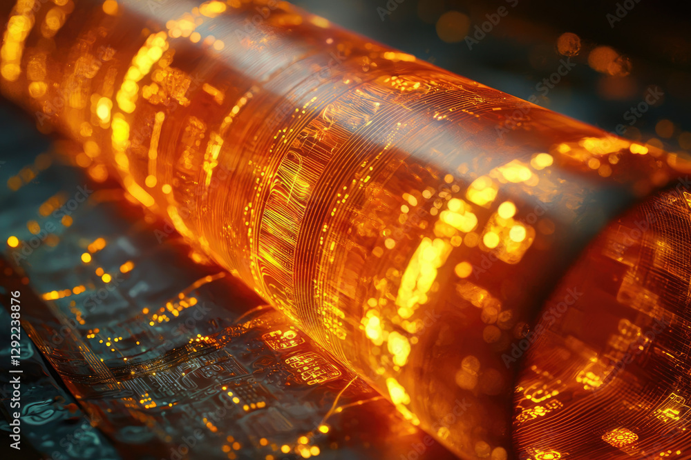 Poster glowing cylindrical data stream, abstract digital technology concept, futuristic circuitry.