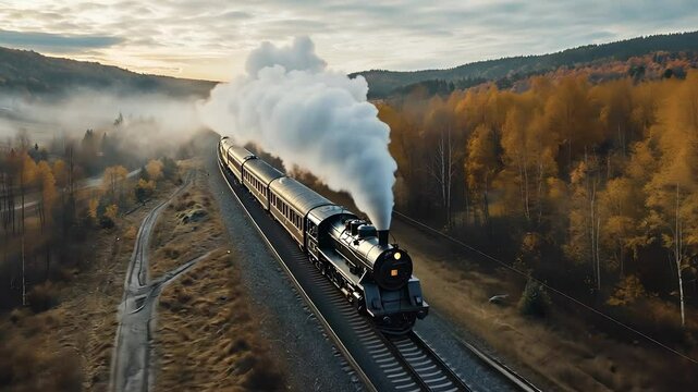 A steam train traveling through the mountains. A train is parked on a road and smoke is coming out of the rails. Autumn trees in the forest with blue sky. A locomotive lifestyle chugging along the.