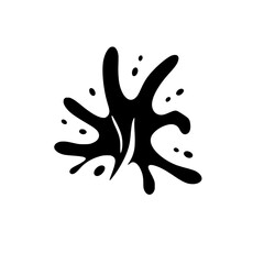 Black ink splash against a white background with various sized splashes and a splash of ink.
