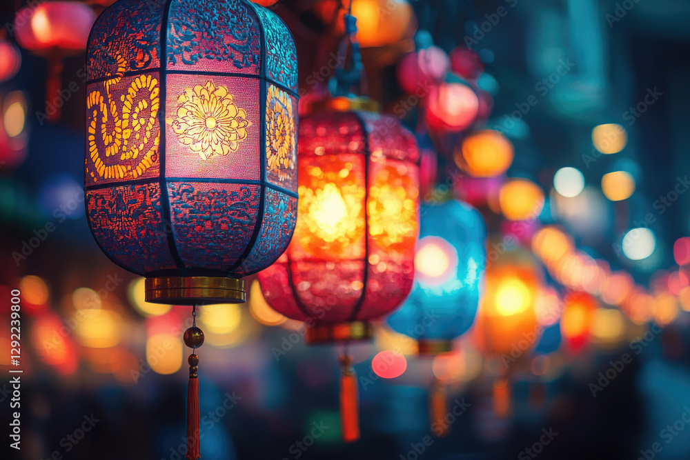 Poster colorful illuminated chinese lanterns hanging in a row, creating a festive and warm atmosphere.