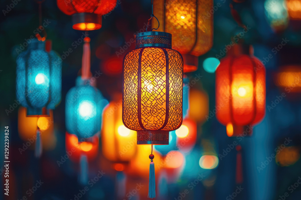 Poster glowing lanterns illuminate the night, creating a warm and festive atmosphere.