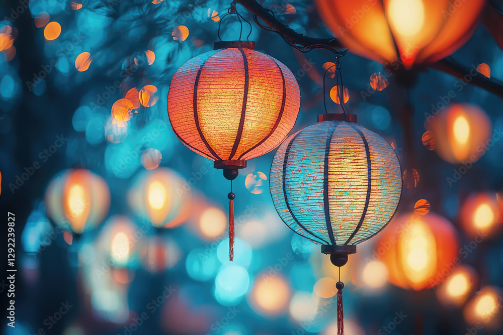 Aufkleber illuminated asian paper lanterns hang from a tree branch at night, creating a warm and festive ambia