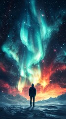 Fototapeta premium As human gazes at Northern Aurora their silhouette blending with ethereal lights above a profound sense of wonder and unity with cosmos fills their being