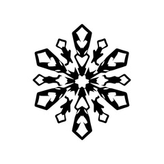 A symmetrical minimalist black and white illustration of a snowflake, set on a white background.