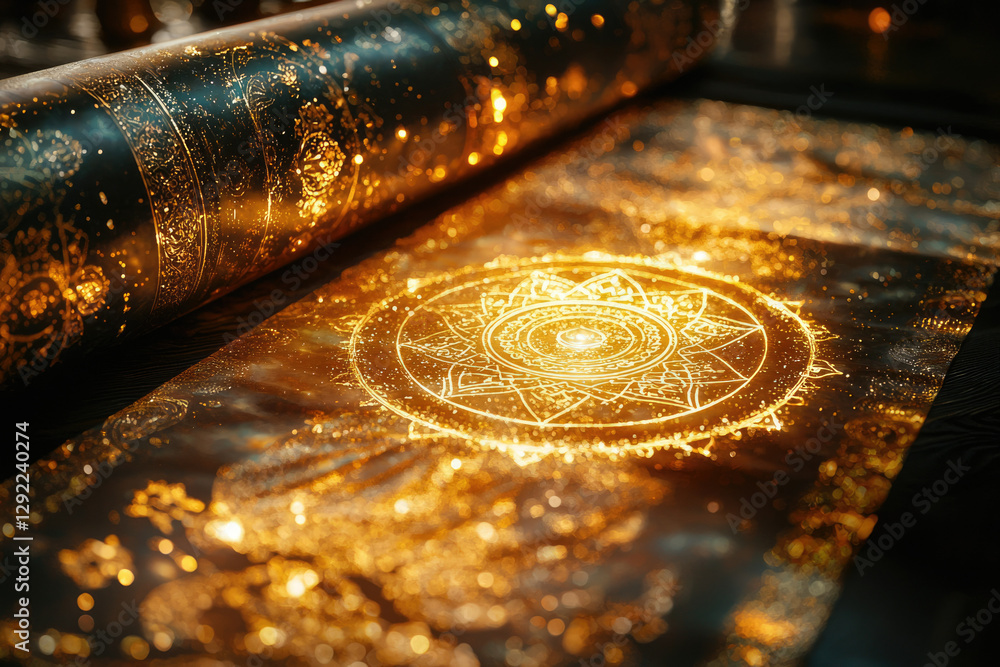 Poster a golden, unfurling scroll reveals intricate celestial maps and mystical symbols, glowing with an et