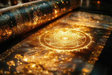 A golden, unfurling scroll reveals intricate celestial maps and mystical symbols, glowing with an ethereal light.