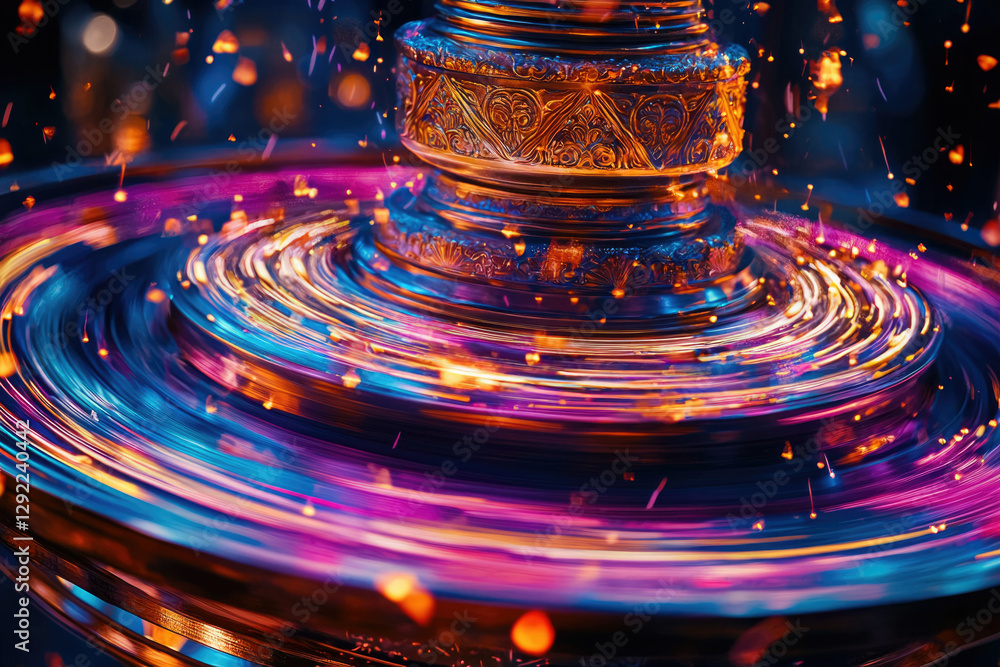 Poster ornate metallic object spins, creating vibrant swirling light trails and sparks.