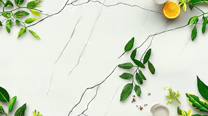   A white table, topped with an array of vibrant green foliage and an orange nestled beside a cup with a spoon perched atop