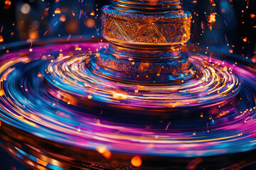 Ornate metallic object spins, creating vibrant swirling light trails and sparks.