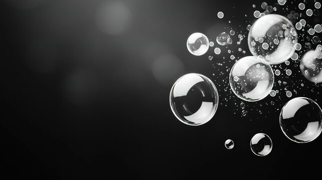   A cluster of spheres hovering against a monochromatic backdrop with a scattering of them suspended in the atmosphere