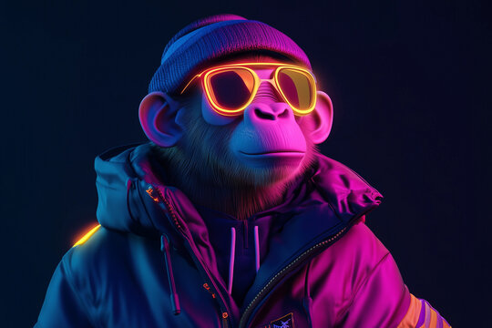 3D digital monkey in streetwear with bright neon details in NFT style isolated solid color background - Powered by Adobe