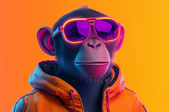 3D digital monkey in streetwear with bright neon details in NFT style isolated solid color background
