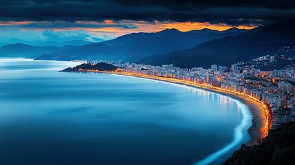 Fototapeta premium A panoramic scene featuring a sprawling urban landscape at its edge surrounded by majestic mountain ranges