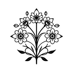 Floral, symmetrical arrangement of black-and-white minimalist line-art flowers on a plain white background.