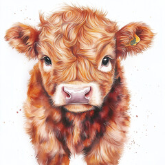 baby highland cow calf watercolour clipart illustration