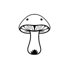 Simple drawing of a mushroom with a smiley face, done in black and white, the mushroom with the smiley face is centered.
