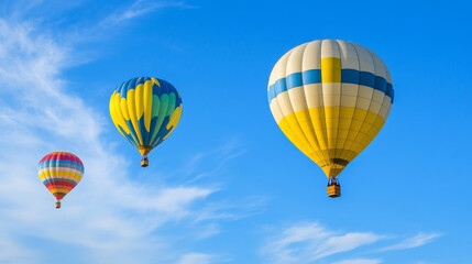 Realistic set of hot air balloon mockups isolated on transparent background. Vector illustration of white and yellow blue color inflatable aircraft with basket for recreation travel, flight adventure