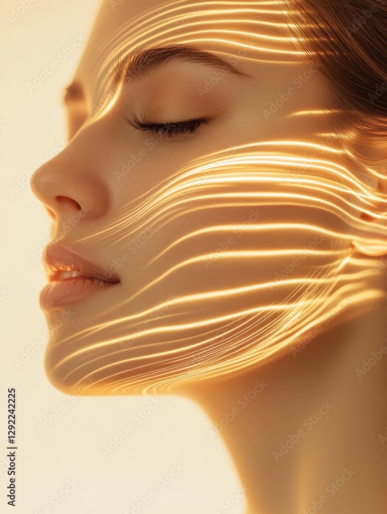 Aufkleber golden lines flow gracefully around a womans face, showcasing a modern approach to facial rejuvenati