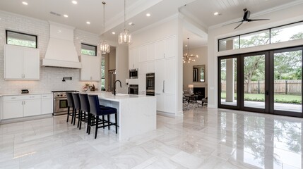 Modern kitchen, open plan living, backyard view, luxury home interior, real estate listing