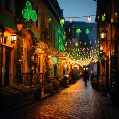 Generated image , evening view of the illuminated street during St. Patrick's Day, decorated with green clovers