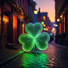 Generated image , evening view of the illuminated street during St. Patrick's Day, decorated with green clovers