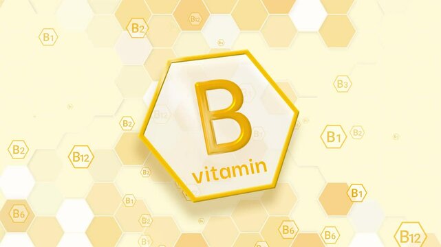 3D icon Vitamin B in shine gold hexagon shape on hexagonal grid. Loop animated scientific yellow background.